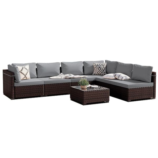 PATIO WATCHER 7-Piece Wicker Patio Conversation Sectional Seating Set with Light Gray Cushions and Coffee Table