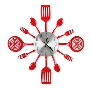 16 in. Red Analog Cutlery Kitchen Wall Clock with Fork and Spoon Dial, Silent Clock Movement and Battery Operated