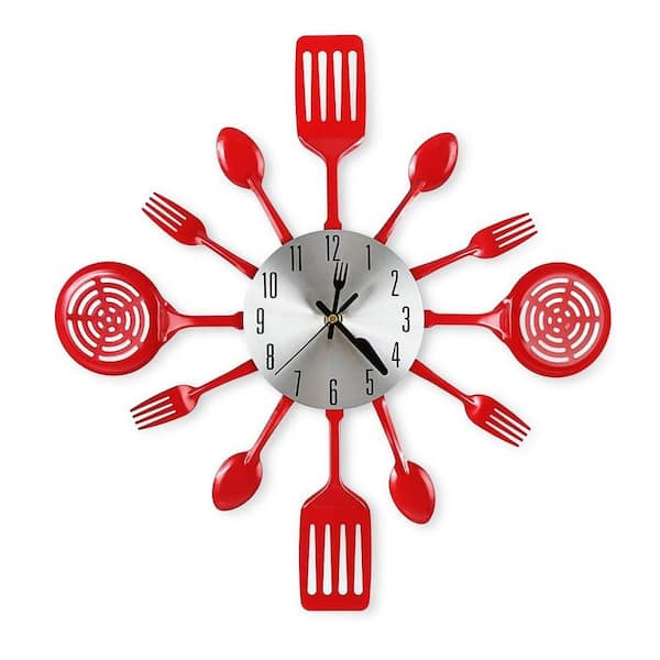 Afoxsos 16 in. Red Analog Cutlery Kitchen Wall Clock with Fork and Spoon Dial, Silent Clock Movement and Battery Operated