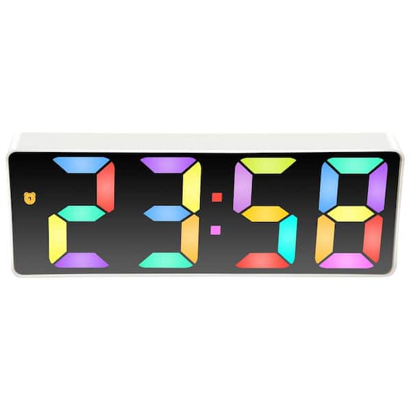 Digital Tabletop Alarm Clock, White with Colored Display, 6.25 in. x 2.25 in.