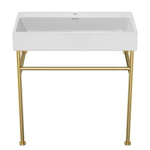 30 in. White Ceramic Rectangular Bathroom Console Sink Basin and Legs Combo with Overflow and Gold Legs