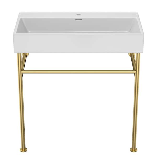Miscool 30 in. White Ceramic Rectangular Bathroom Console Sink Basin and Legs Combo with Overflow and Gold Legs