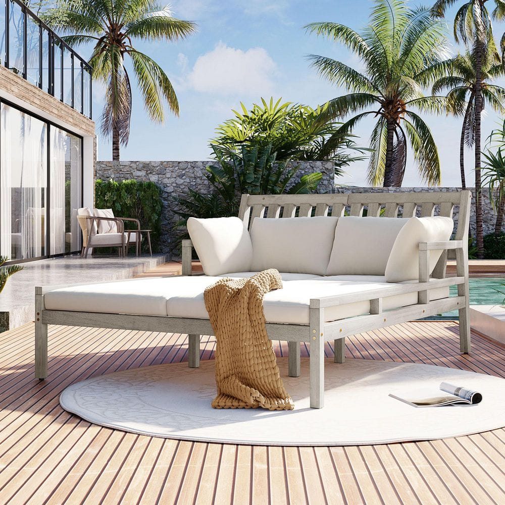 Gray Wood Outdoor Day Bed with Beige Cushions for Backyard