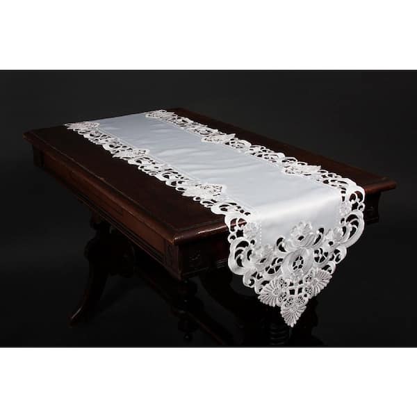 Xia Home Fashions Delicate Lace 15 in. x 54 in. White Embroidered Cutwork Table Runner