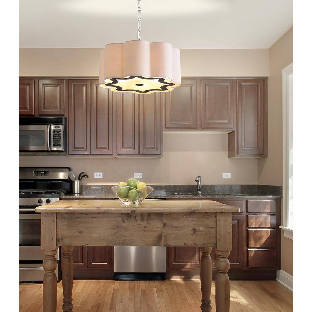 Polished Chrome 20" Drum Pendant with Scalloped Linen Shade and LED Bulbs