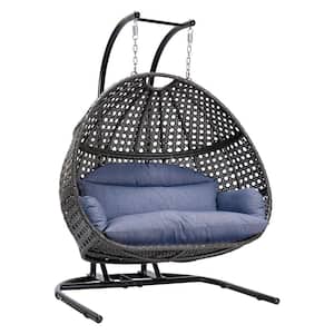 45 in. W 2-Person Black Frame Rattan Luxurious Patio Swing Chair with Stand and Cushion