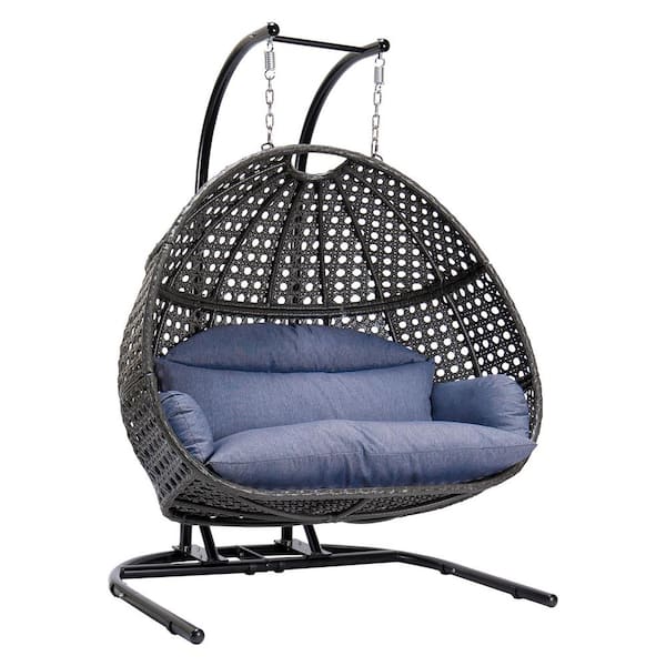 Huluwat 45 in. W 2-Person Black Frame Rattan Luxurious Patio Swing Chair with Stand and Cushion