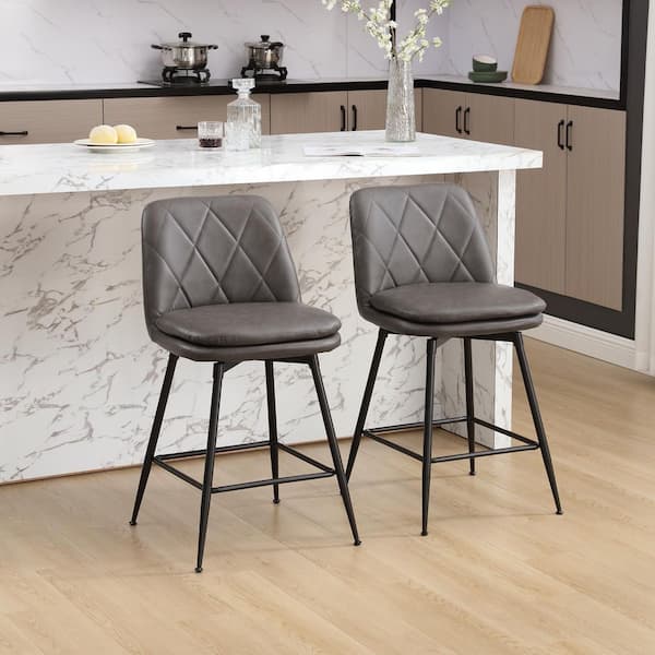 29 in. Grey Metal Frame Bar Height Swivel Bar Stool with Faux Leather Seat (Set of 2)