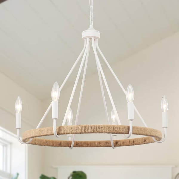 6-Light Vintage White and Brown Farmhouse Hemp Rope Wagon Wheel Chandelier for Living Room