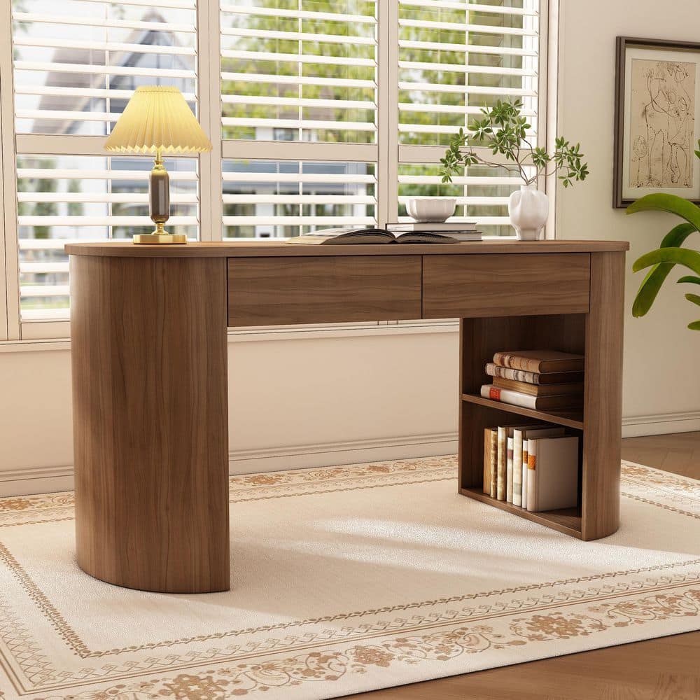 Arvellon Modern 60.3 in. Oval Dark Walnut Wood Computer Desk Study Writing Desk with Drawers, Shelves - Thumbnail 3