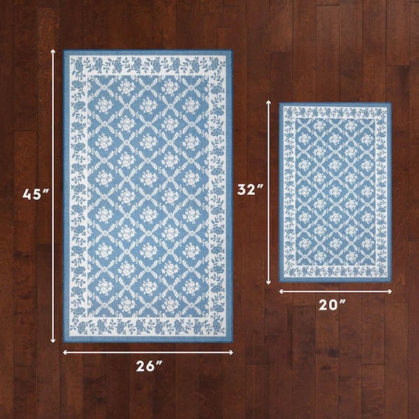 Laura Ashley Merley 2 ft. x 4 ft. Woven Blue Floral 2-Piece Set