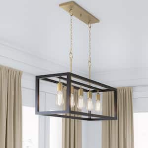 Boswell Quarter 34 in. 5-Light Gold Coastal Farmhouse Linear Island Chandelier with Black Distressed Wood Accents