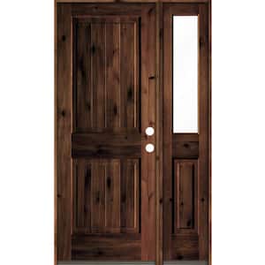 44 in. x 80 in. Knotty Alder Square Top Left-Hand/Inswing Clear Glass Red Mahogany Stain Wood Prehung Front Door w/RHSL