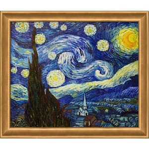 Starry Night By Vincent Van Gogh Muted Gold Glow Framed Astronomy Oil Painting Art Print 24 in. x 28 in.
