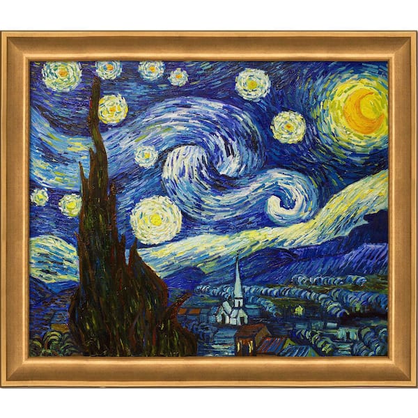 LA PASTICHE Starry Night By Vincent Van Gogh Muted Gold Glow Framed Astronomy Oil Painting Art Print 24 in. x 28 in.
