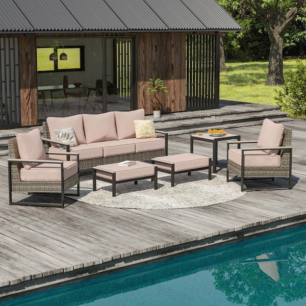 6 Pieces Patio Conversation Set with Side Table and Ottomans All-Weather Gray PE Wicker Chair with Sand Cushion