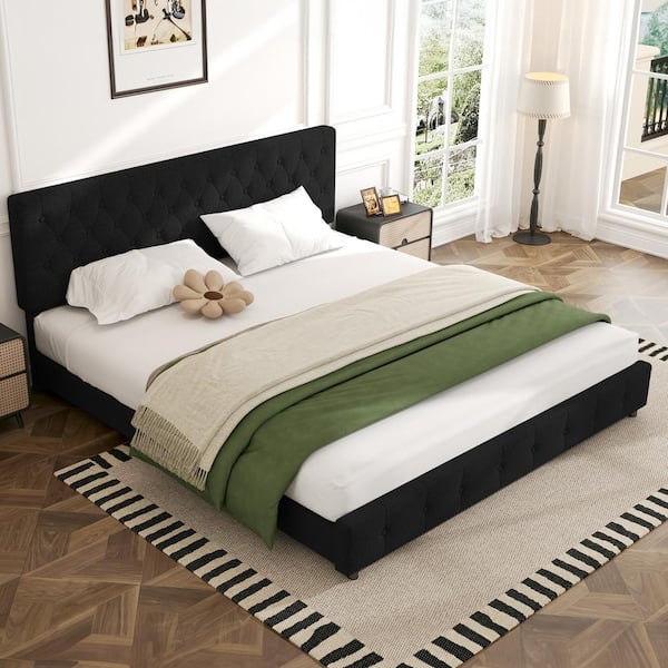 JEAREY Black King Linen Upholstered Storage Platform Bed Frame with Headboard