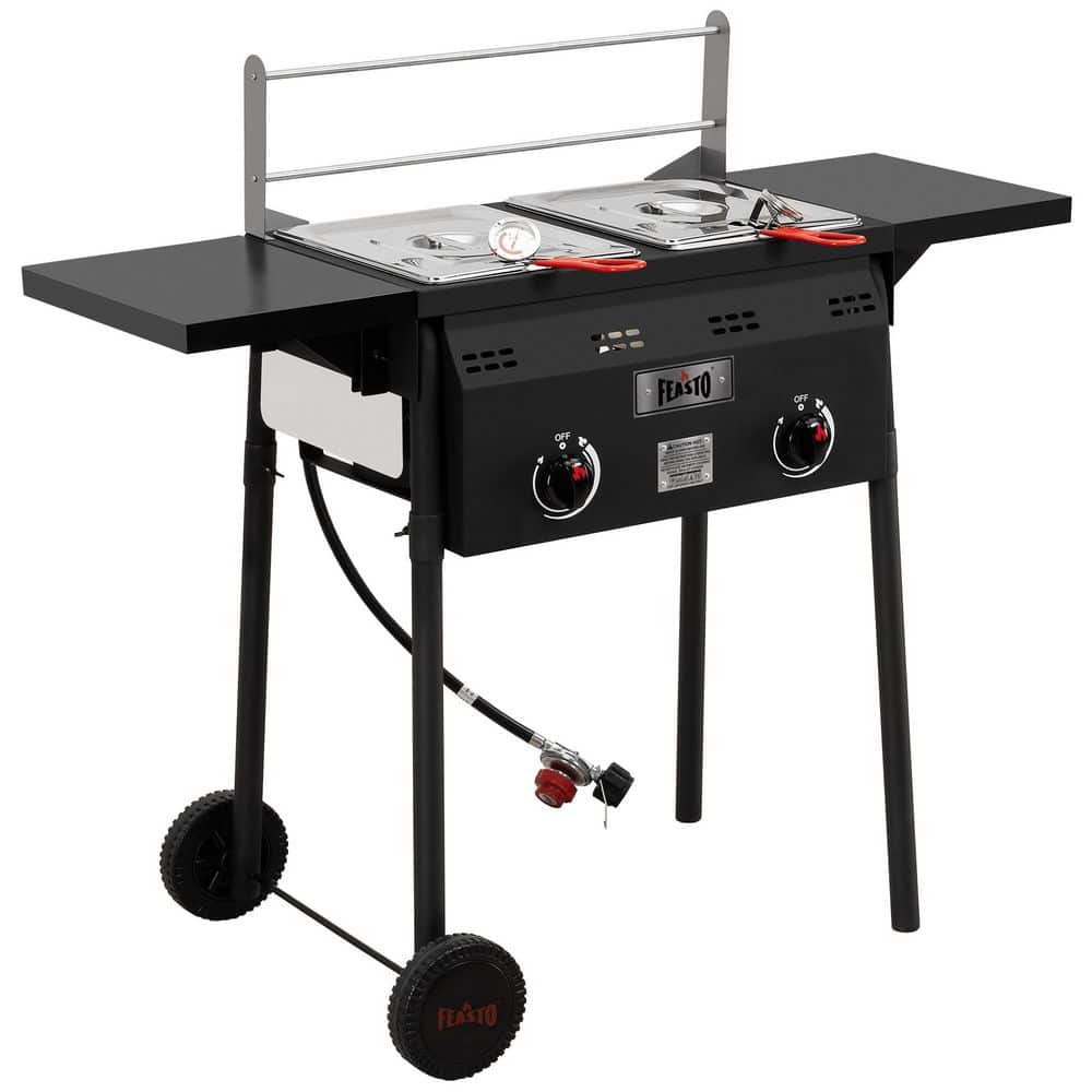 16Qt. Outdoor Propane Deep Fryer and Dual Tank with Dual Independent Cast Iron Burners with Double Fry Baskets, Black