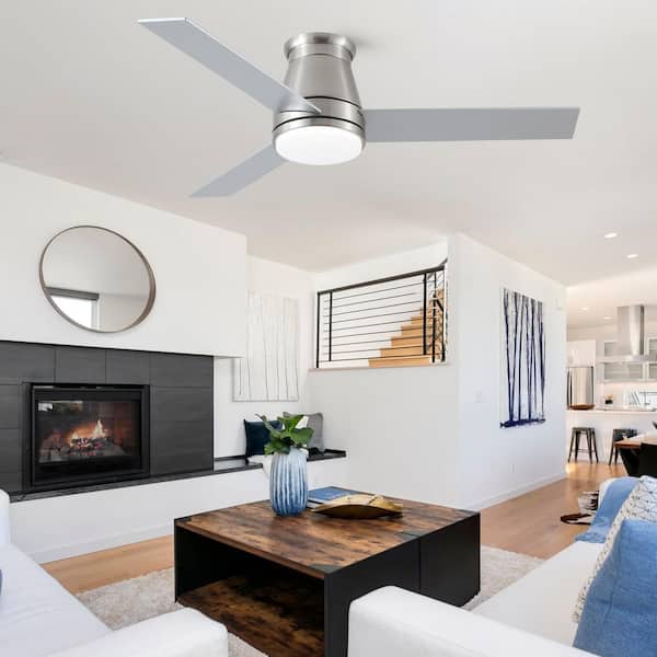 Avex 48 in. Brushed Nickel Standard Flush Mount Ceiling Fan with Remote Control and Dimmable Integrated LED