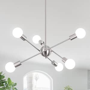 6-Light Sputnik Nickel Chandelier for Living Room Bedroom with No Bulbs Included