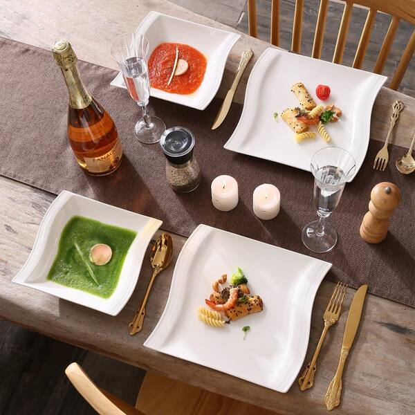 MALACASA Dinnerware Sets for 4, 16-Piece Square Plates and Bowls