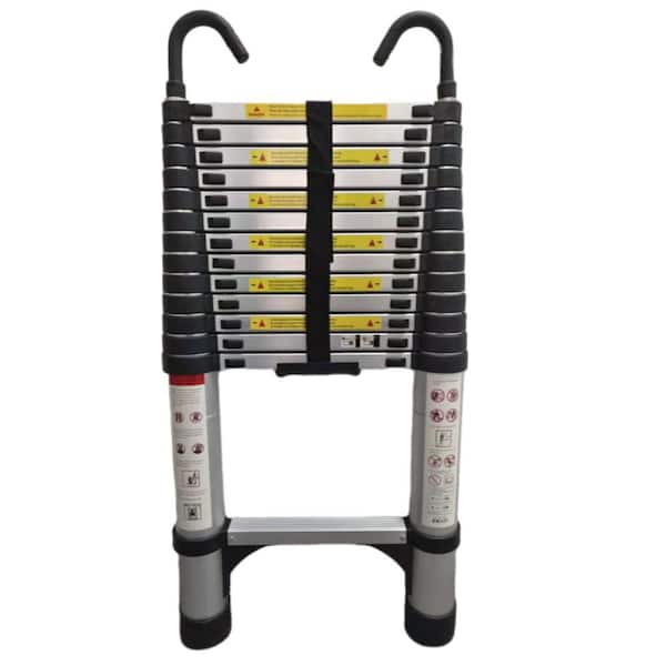 Unbranded Telescoping Ladder, 13.5 ft. Aluminium Portable Extension Ladder for Indoor Outdoor Work with Hooks, 300 lbs. Load
