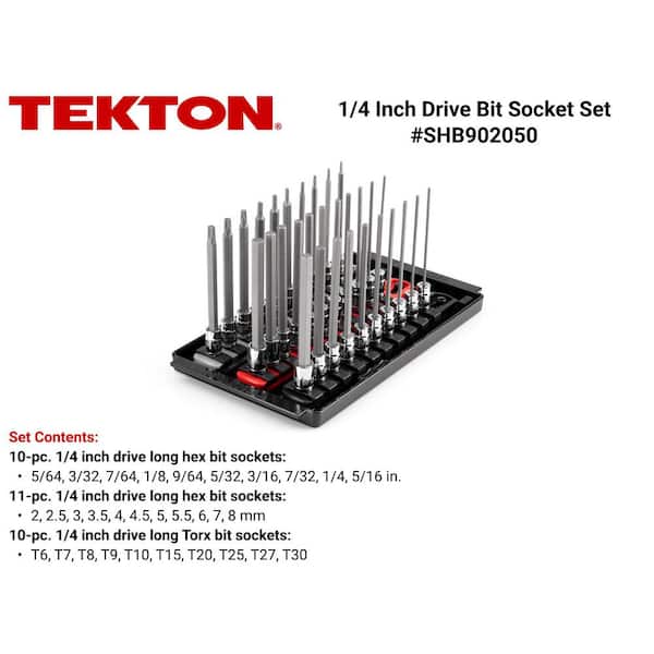 TEKTON 1/4 Inch Drive Long Hex and Torx Bit Socket Set with Rails
