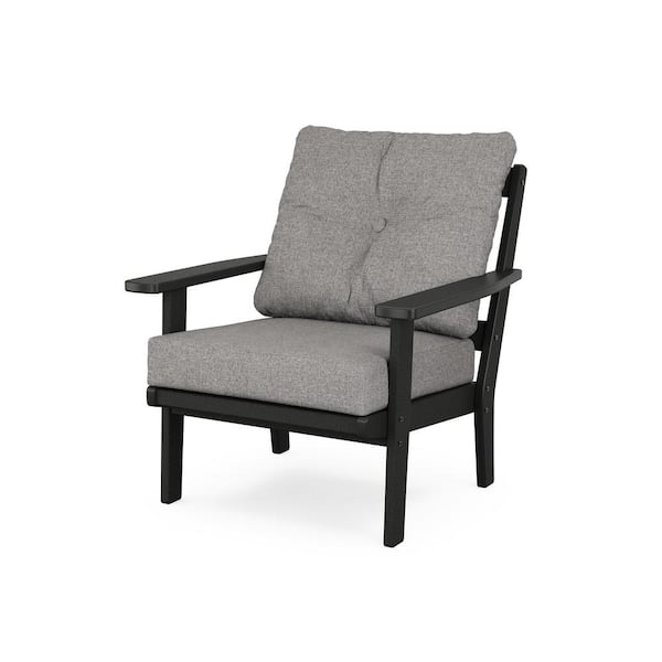 POLYWOOD Prairie Plastic Outdoor Deep Seating Chair in Black with Grey Mist Cushion