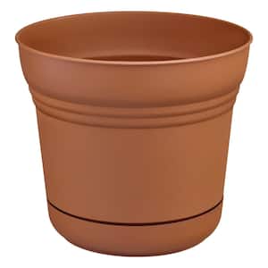 14 in. Anne Terra Cotta Plastic Planter (14 in. x 13 in.) with Drainage Hole and Attached Saucer