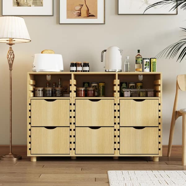 Light Oak 31.5 in. Accent Cabinet Office Storage Cabinet with 3-Shelves and 6-Adjustable Drawers