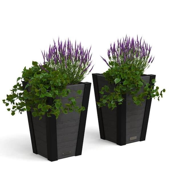 Horizon 22 in. Tall Charcoal Plastic Square Outdoor Planter, 2-Pack