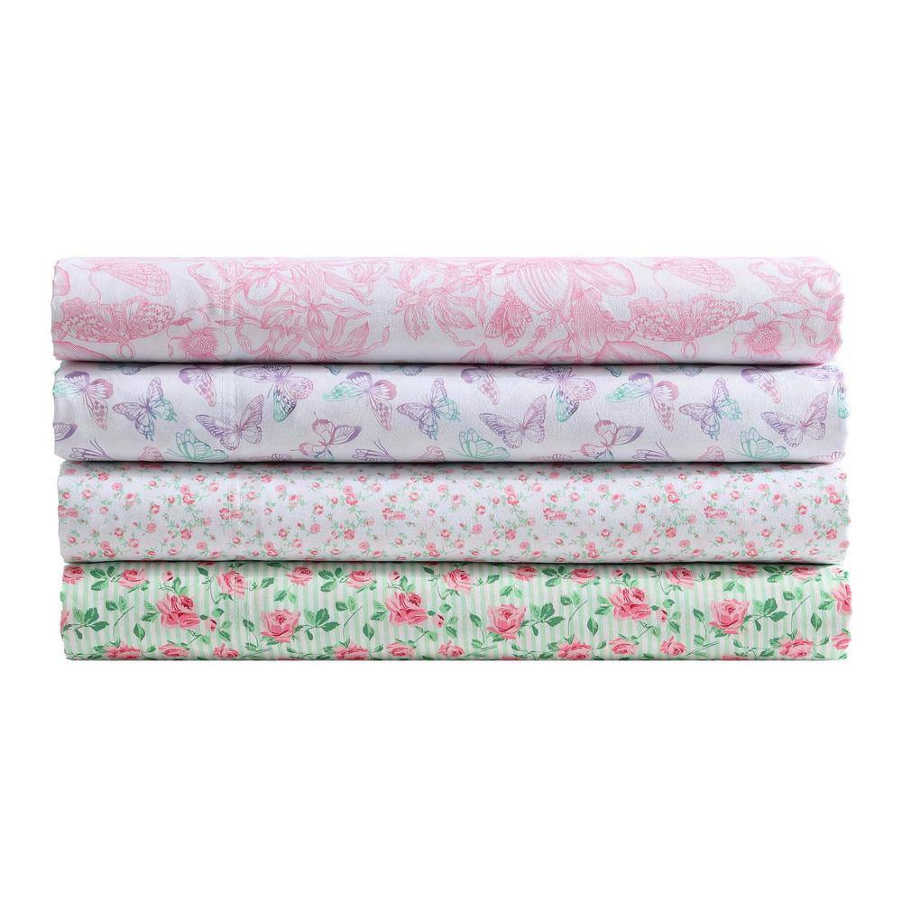 Full Pink and White Floral Satin Microfiber Sheet Set