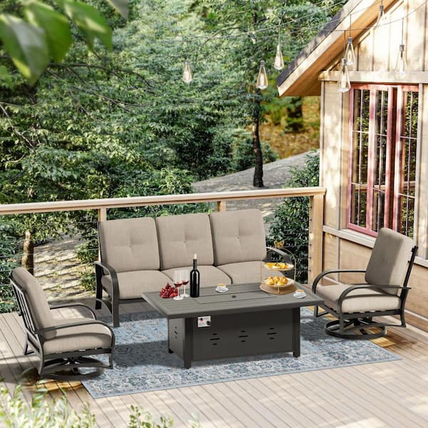 4-Piece Aluminum Outdoor Conversation Set with Fire Pit Table, Swivel Lounge Chair