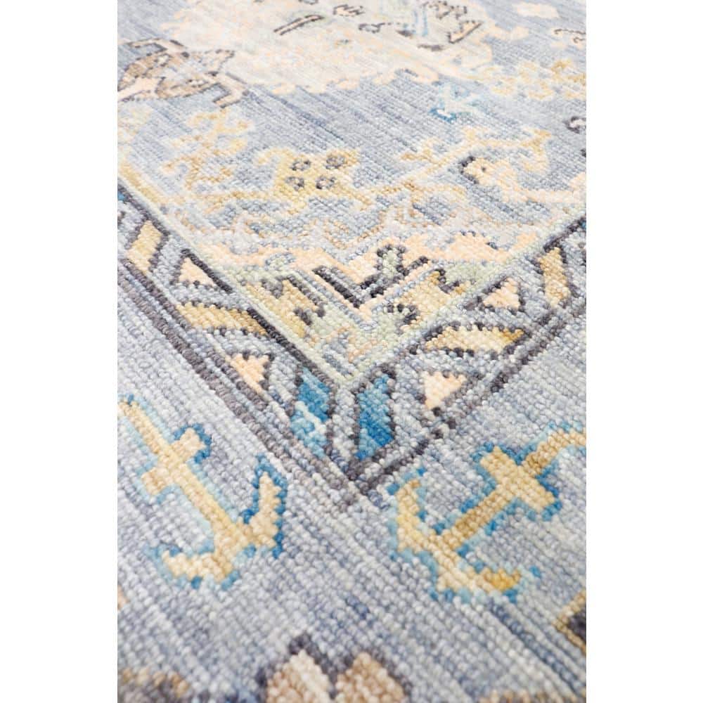 Hand-Knotted Light Blue Wool Floral Rectangular Rug