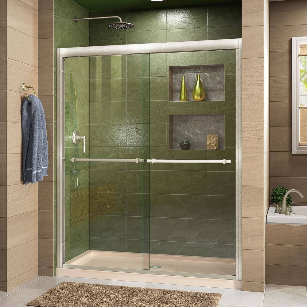 Duet 34 in. x 60 in. x 74.75 in. Semi-Frameless Sliding Shower Door in Brushed Nickel with Center Drain Base price history on PriceWatchPro