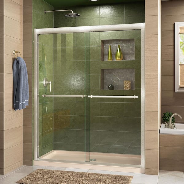 DreamLine Duet 34 in. x 60 in. x 74.75 in. Semi-Frameless Sliding Shower Door in Brushed Nickel with Center Drain Base