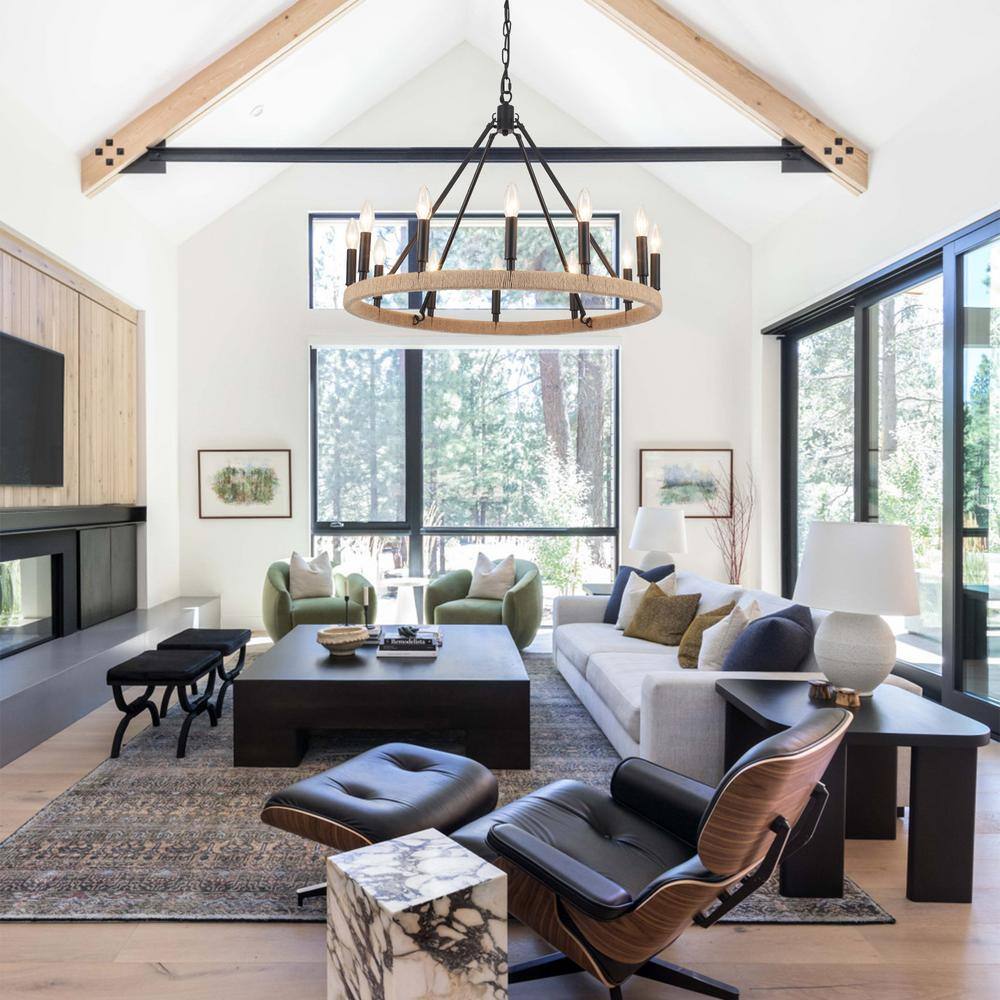 Matte Black 12-Light Candle Wagon Wheel Chandelier