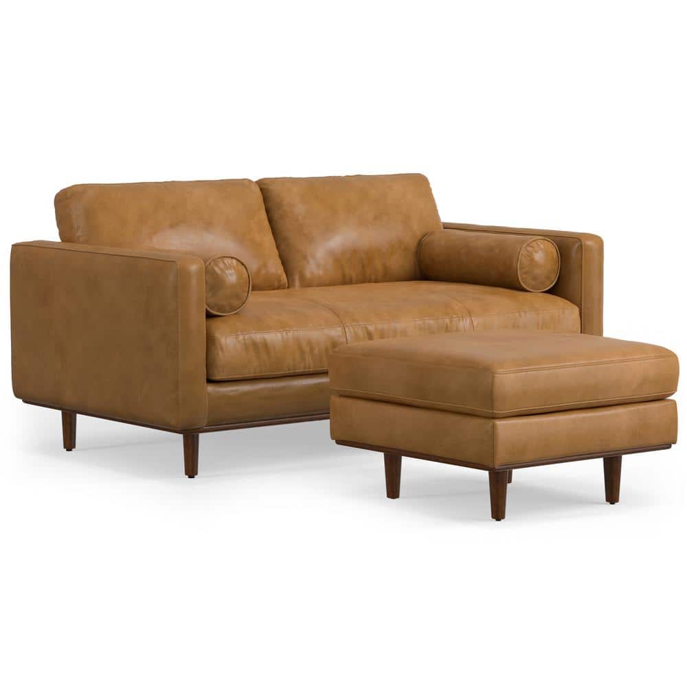 Morrison Sienna Leather Mid-Century Modern Sofa with Ottoman