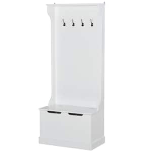 White Entryway Storage Bench Coat Rack with 4-Hooks