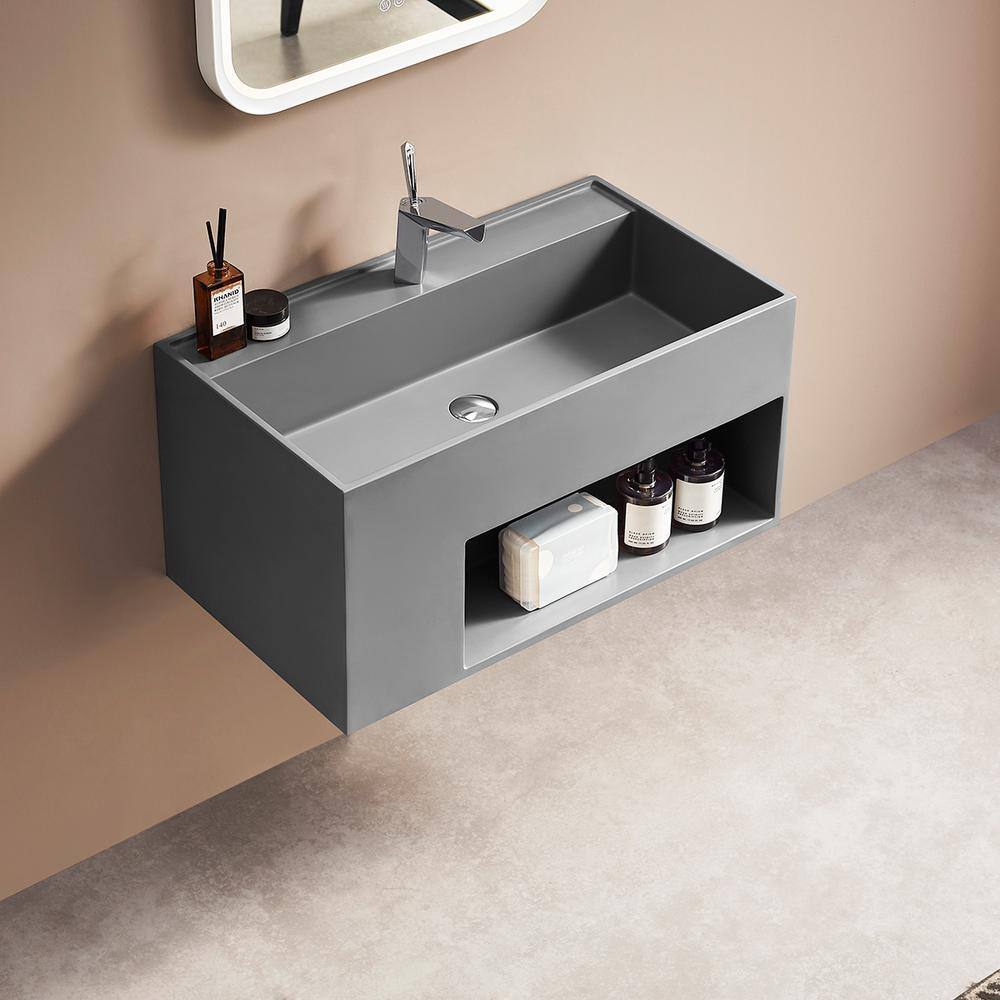 40 in. Matte Gray Solid Surface Wall-Mount Bathroom Vanity with Storage