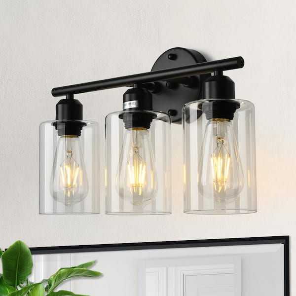 16.93 in. 3-Lights Modern/Industrial Black Bathroom Vanity Light with Cylinder Glass Shade