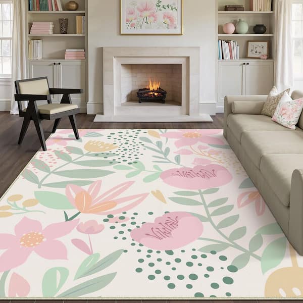 Childhood Beige 6 ft. x 9 ft. Floral Washable Area Rug