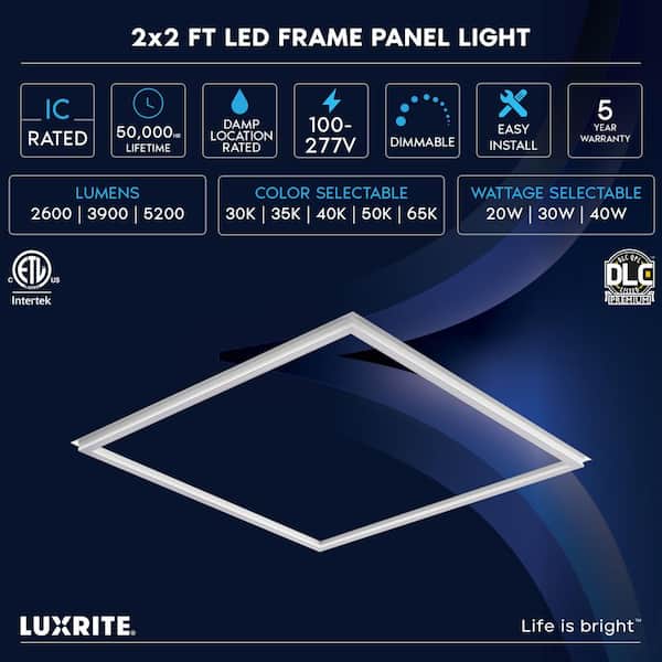 2 ft. x 2 ft. Frame LED Panel Lights, 5CCT, 2600/3900/5200 Lumens, 20W/30W/40 Watt, Dimmable, Damp Rated, ETL 4 Pack