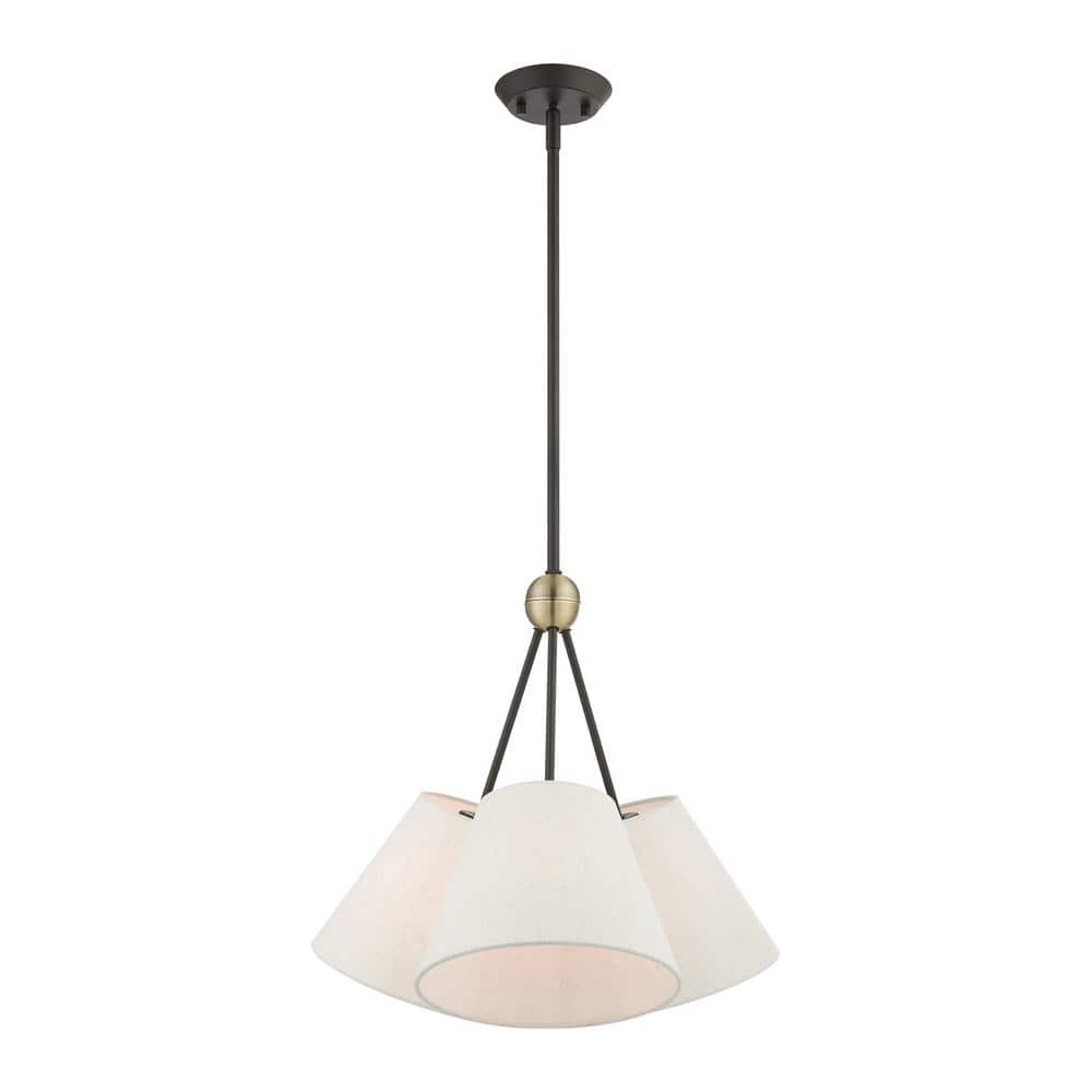 Elegant Symphony 3-Light Bronze & Crystal Chandelier with Oatmeal Fabric Shades