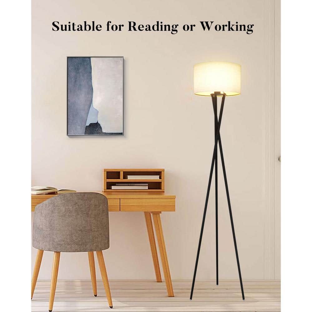 66-Inch Black Metal Tripod Floor Lamp with Burlap Shade