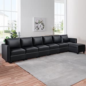 112.8 in. Faux Leather Modern 6 Seater Upholstered Sectional Sofa with Double Ottoman in. Black