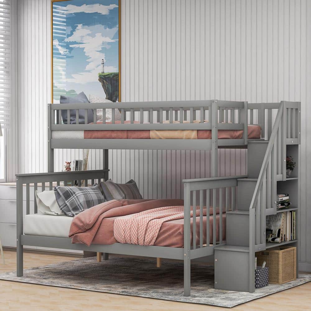 GODEER Gray Twin over Full Stairway Bunk Bed with Storage ...