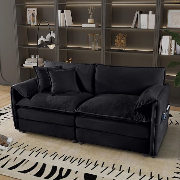 RUKIE 75 in. Wide Pillow Top Arm Chenille Modern Rectangle Sofa with Deep Cushions and Square Arms in. Jet Black