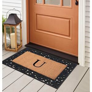 A1HC Floral Pattern Black 18 in. x 30 in. Rubber and Coir Outdoor Entrance Durable Monogrammed U Door Mat