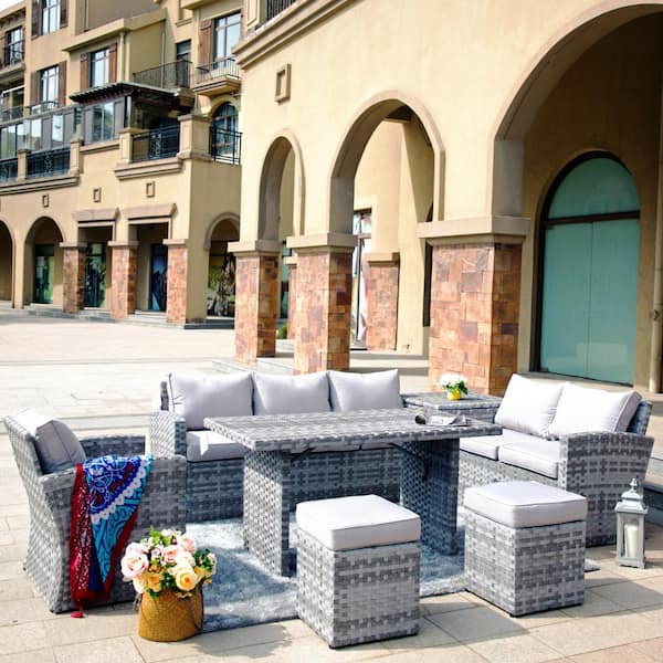 moda furnishings Orson Gray 7-Piece Wicker Outdoor Dining Set with Washed Gray Cushions